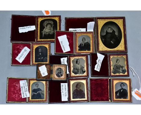 A COLLECTION OF VICTORIAN AMBROTYPES, all in hinged cases with velvet lining and gilt frames, one being a print of a portrait