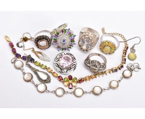 A BAG OF ASSORTED JEWELLERY, to include a white metal mother of pearl bracelet, stamped '925', a yellow metal gem set line br