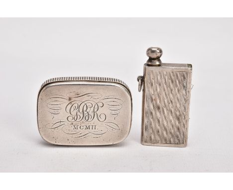 TWO EARLY 20TH CENTURY SILVER TINDER BOXES, the first with hinged lid engraved with scrolling initials and Roman numeral date