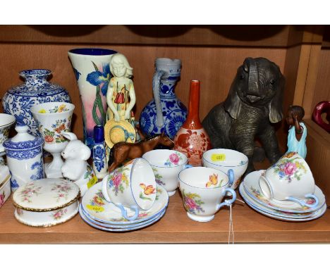 A GROUP OF ORNAMENTS, VASES, COFFEEWARES, ETC, to include five Shelley coffee cups and six saucers, florally decorated, Old T