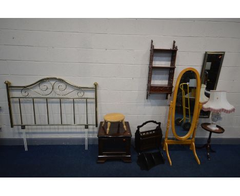 A SELECTION OF OCCASSIONAL FURNITURE, to include a beech cheval mirror, a mahogany wall hanging shelving unit, a wall mirror,