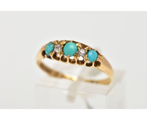 AN EARLY 20TH CENTURY, 18CT GOLD TURQUOISE AND DIAMOND BOAT RING, set with three graduated round turquoise cabochons, intersp