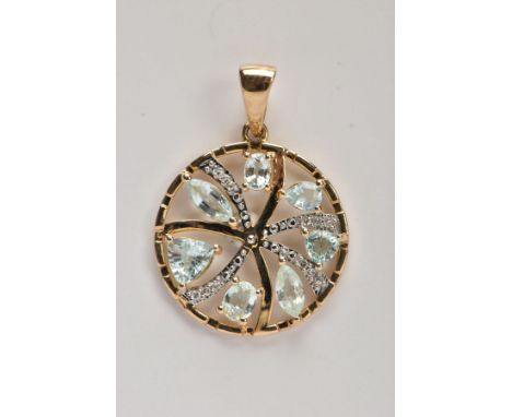 A 9CT GOLD AQUAMARINE AND DIAMOND SET PENDANT, of an openwork circular form, set with vary cut aquamarines and single cut dia