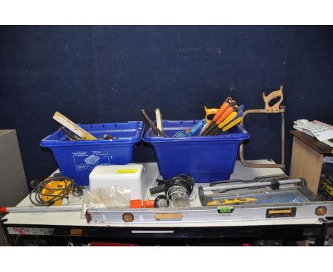 TWO TRAYS CONTAINING TOOLS including a DeWalt Heat Gun (PAT pass and working), an Air vent Hand Dryer (untested), two Countax