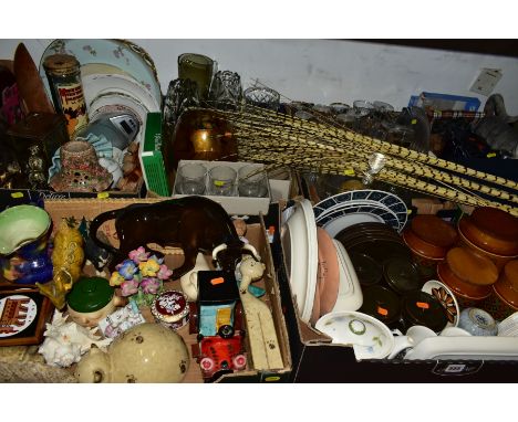 SIX BOXES AND LOOSE CERAMICS, GLASS, METALWARES AND SUNDRY ITEMS to include unmarked ceramic bull 17cm x 36cm, German fairing