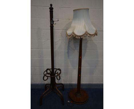 A THONET BENTWOOD BEECH COAT STAND (later top) and an oak standard lamp with a large circular base, and a fabric shade (2)