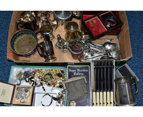 A BOX OF MAINLY SILVER PLATED WARE AND COSTUME JEWELLERY, to include a hinged wooden jewellery box, cutlery, some EPNS, a fou