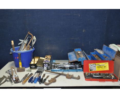 A METAL TOOLBOX, A BUCKET AND TWO PARTIAL SOCKET SETS including tools including two Stilson's, two sets of Mole Grips, variou