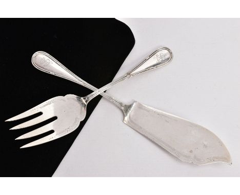 A PAIR OF WHITE METAL FISH SERVERS, to include a fish knife and fork, each with an engraved monogram to the handle, stamped '