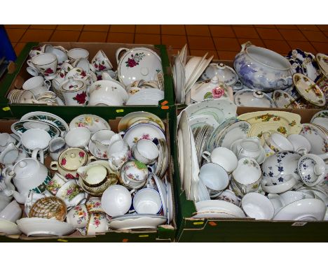 FOUR BOXES OF ASSORTED TEA AND DINNERWARES to include James Kent Ltd Old Foley Chintzware, Paragon, Crown Staffordshire 'Dela