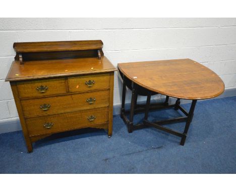 AN EARLY TO MID 20TH CENTURY SOLID OAK CHEST OF TWO SHORT OVER TWO LONG, with a raised shelf and brass handles, width 89cm x 