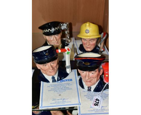 FOUR ROYAL DOULTON LIMITED EDITION JOURNEY THROUGH BRITAIN CHARACTER JUGS, comprising The Postman D6801 No. 65/5000, The Engi