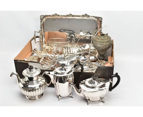 A BOX OF ASSORTED WHITE METAL WARE, to include a large rectangular tray fitted with double handles, wavy floral design to the