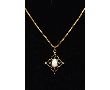 A 9CT GOLD OPAL PENDANT NECKLACE, the pendant set with a central opal oval cabochon, within an openwork scroll detailed surro