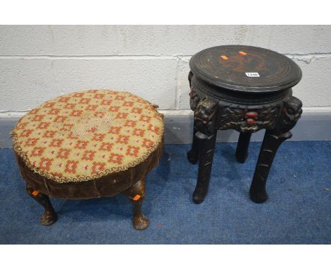 A ORIENTAL EBONISED LAMP TABLE, diameter 30cm x height 47cm along with a circular footstool (2) (the items in this lot is the