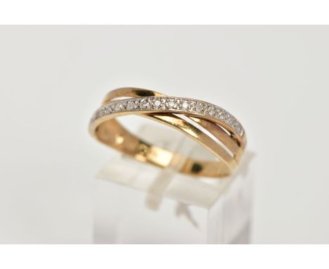 A 9CT GOLD DIAMOND CROSSOVER RING, designed with a row of single cut diamonds, hallmarked 9ct gold Sheffield, ring size S, ap