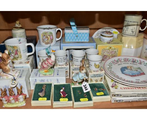 A COLLECTION OF BEATRIX POTTER RELATED CERAMICS, PRINTS AND COSTUME JEWELLERY, ETC, including a Beswick Peter Rabbit, and 'Fl