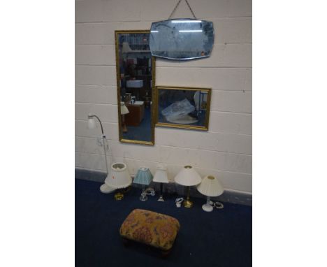 SIX VARIOUS TABLE LAMPS, an outdoor wall mounted lantern, ceiling light, along with three wall mirrors, a metal companion set