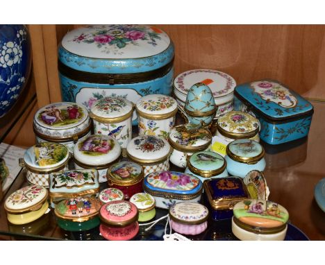 A COLLECTION OF LATE 18TH, 19TH AND 20TH CENTURY PORCELAIN AND ENAMEL BOXES, ETC, including a late 18th Century oval English 