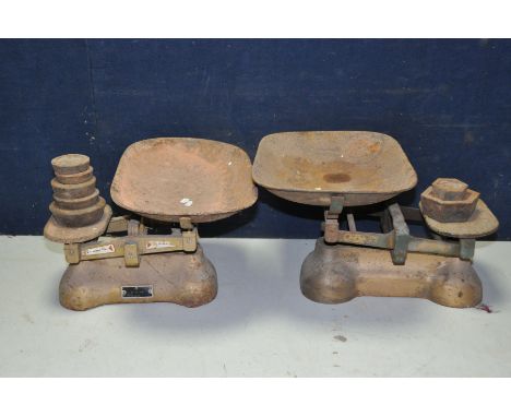 TWO VINTAGE GROCERS SCALES one marked W&amp;T Avery, the other has label overpainted along with 7 weights