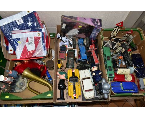 FOUR BOXES OF ASSORTED VINTAGE AND MODERN TOYS, MODERN FLAGS, METALWARES etc, tin plate, plastic, card and wooden top and acc