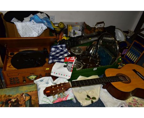 THREE BOXES AND LOOSE METALWARES, LINENES, GUITAR, RECORD PLAYER, ETC, to include 'Leonora' guitar, Itek turntable and radio 