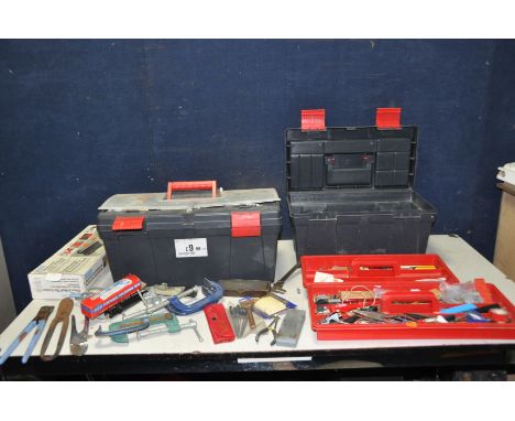 TWO PLASTIC TOOLBOXES CONTAINING TOOLS including tin snips, g clamps, needle files, pipe wrenches, pipe cutters, etc and a bo