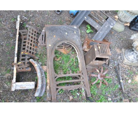TWO EDWARDIAN CAST IRON FIRE BACKS with fire grates, a wrought iron weather vane (missing top and base) etc (12)