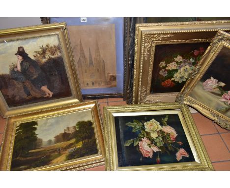 OIL PAINTINGS AND WATERCOLOUR COMPRISING FOUR EARLY/MID 20TH CENTURY STILL LIFE OILS ON CANVAS AND WOOD PANEL, one signed Fra