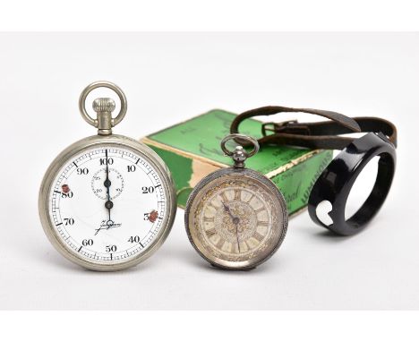 A SILVER OPEN FACE POCKET WATCH, A STOP WATCH AND AN ALBERT CHAIN, the pocket watch with a round silver dial, Roman numerals,