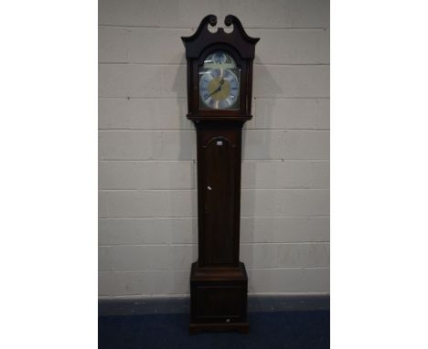 A MAHOGANY LONGCASE CLOCK, brass and silvered dial, singed Western Germany, height 218cm (pendulum and two weights) (conditio