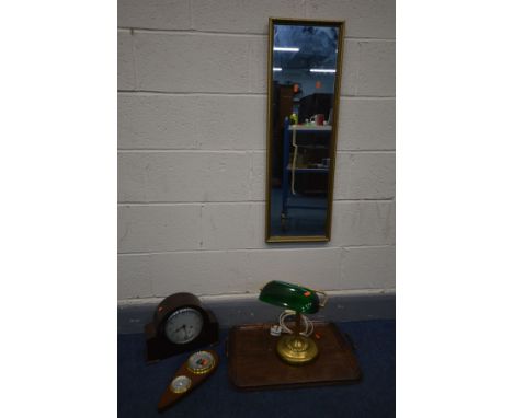A SELECTION OF MISCELLANEOUS, to include a bankers lamp with a green shade, a mahogany mantle clock, oak tray, barometer, bee