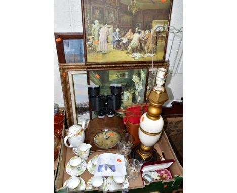 A BOX AND LOOSE CERAMICS, PICTURES AND SUNDRY ITEMS to include fourteen piece coffee set Royal Doulton 'Harebell' (six cups a
