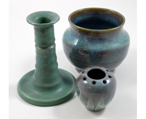 STEPHANIE KALAN (1909-1978); a stoneware vase covered in streaky turquoise glaze, incised signature, height 10.5cm, and an Up