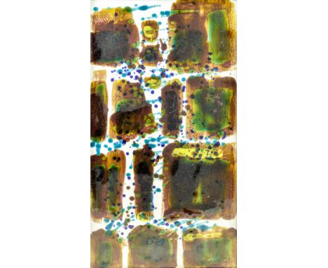 POOLE POTTERY; an oblong faience slab decorated with brown rectangles on a cream ground by Tony Morris, 64.5 x 34cm, framed.O