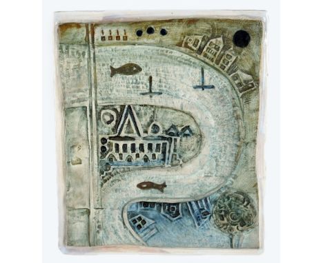 TROIKA; a 'Thames' pale green rectangular plaque, painted marks and early trident mark to the reverse, 24.5 x 21cm.   CONDITI