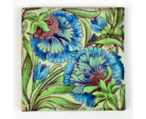 WILLIAM DE MORGAN; a Sands & Pottery ceramic floral decorated tile, impressed marks to back, 15 x 15cm (3).   CONDITION REPOR