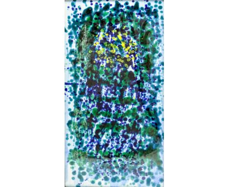 POOLE POTTERY; an oblong faience slab decorated in green, blue and yellow by Tony Morris, 64.5 x 34cm, framed (with details o