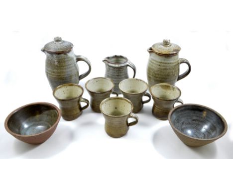 LEACH POTTERY; a stoneware coffee set comprising coffee pot, water jug, five mugs, a milk jug and two bowls, speckled blue/gr
