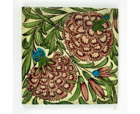 WILLIAM DE MORGAN; a Merton Abbey ceramic floral decorated tile, impressed marks to back, 25 x 25.5cm.   CONDITION REPORT:  P