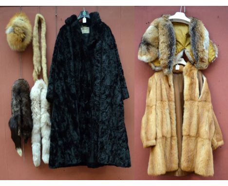 BARRY WHITBY; a lady's full length vintage fur coat and hat, a fur stole, a fur throw, a Jaeger faux fur coat and a fur shoul