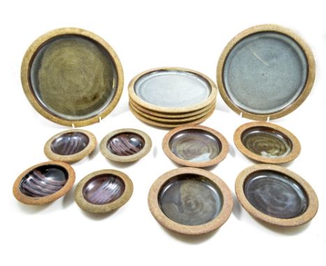 LEACH POTTERY; six stoneware dinner plates, four side plates and four finger bowls, grey/green and tenmoku/khaki glazes, toas