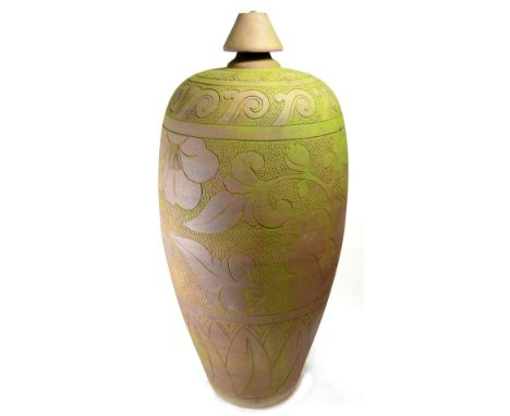 MONICA YOUNG (1929-2004); a monumental stoneware garden sculpture, toasted unglazed surface incised with floral design, drain