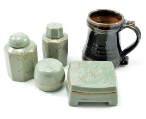 JEREMY LEACH (born 1941) for Lowerdown Pottery; a group of stoneware lidded boxes covered in speckled sage green glaze, and a