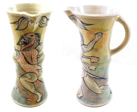 JOHN GIBSON (born 1952); a tall white stoneware jug decorated with fantastical figures, impressed marks, height 36cm. (D) Gib