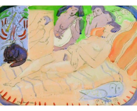 ERIC JAMES MELLON (1926-2014); a pencil and watercolour study of a nude, with a portrait of the artist(?) inset top left, sig
