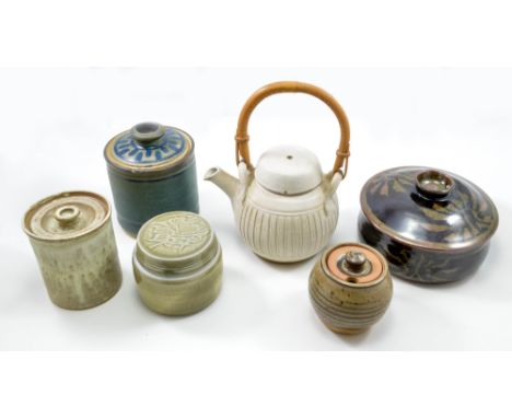 A group of studio ceramic jars, including a fluted tea pot, various makers, tallest jar height 14cm (6).   CONDITION REPORT: 