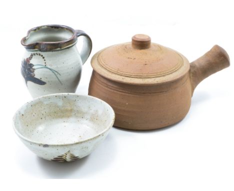 LOWERDOWN POTTERY; a stoneware jug with foxglove decoration on speckled grey ground and a matching bowl, impressed L+ marks, 