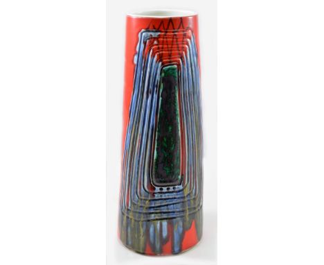 POOLE POTTERY; a tall carved and glazed vase of tapering form, incised pottery mark and painted decorator's mark for Josephin
