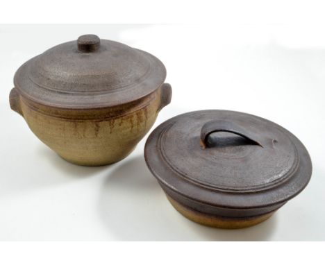 LEACH POTTERY; two stoneware casseroles, grey/green glaze, toasted unglazed lids and exteriors, impressed SI marks, largest d